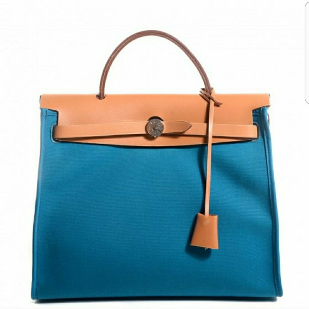 Hermès Herbag HERMESBlue Canvas and Natural Calfsk - Picture 1 of 5